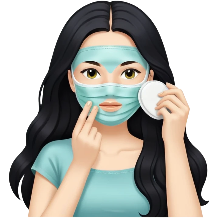 White girl with long black hair applying face mask, self care skincare routine emoji