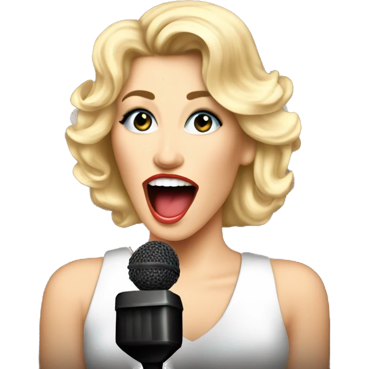 Beautiful Singer female with blond hair big volume 80's style, singing on the stage with microphone.  Retro rock 80-90's emoji