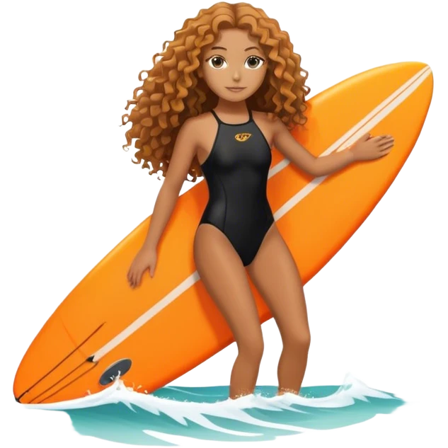 Surfer girl with black swimsuit and orange surfboard and long curly hair emoji