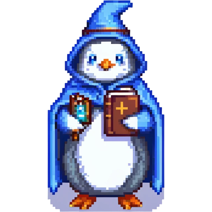 pixel art penguin wizard with a blue cloak and a tiny spellbook emoji