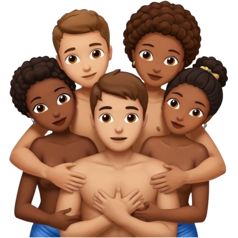 one american italian young brown-haired man surrounded by three black african women with large asses who are hugging him and each other and massaging his naked cock and balls emoji