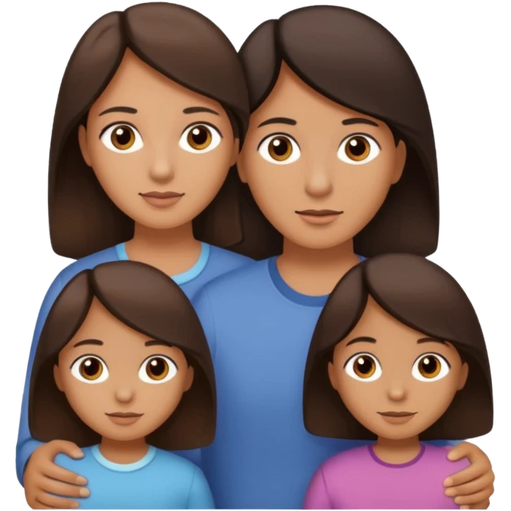 Family portrait with father with dark brown hair and black eyes, mother with light brown hair and brown eyes, three brown little girls with brown eyes emoji