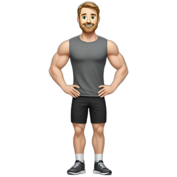 Full height realistic Actively gesturing with hands Pale skinned Fit Man With the biceps and brown hair in dark gray Sleeveless Mike, black oversize sports shorts, watch and white Sneakers emoji