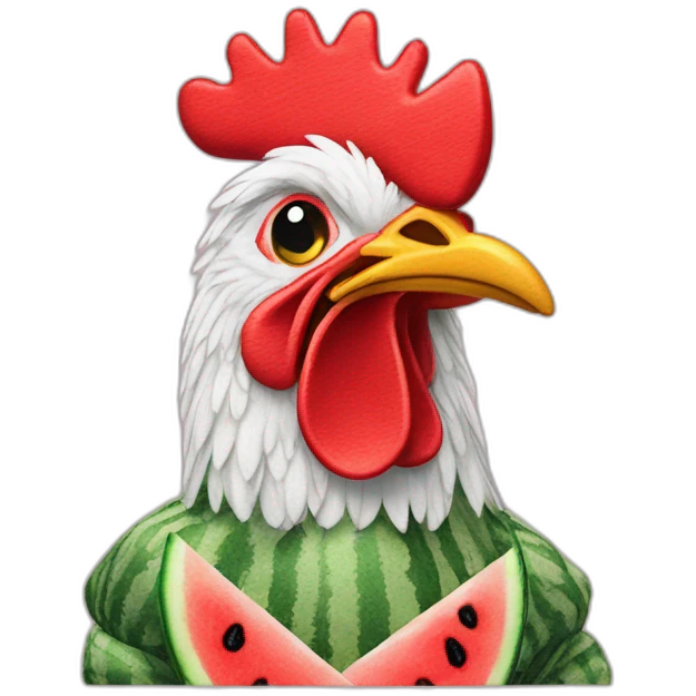 A COCKEREL IN AN EMBROIDERED SHIRT WITH A WATERMELON IN HIS HANDS emoji