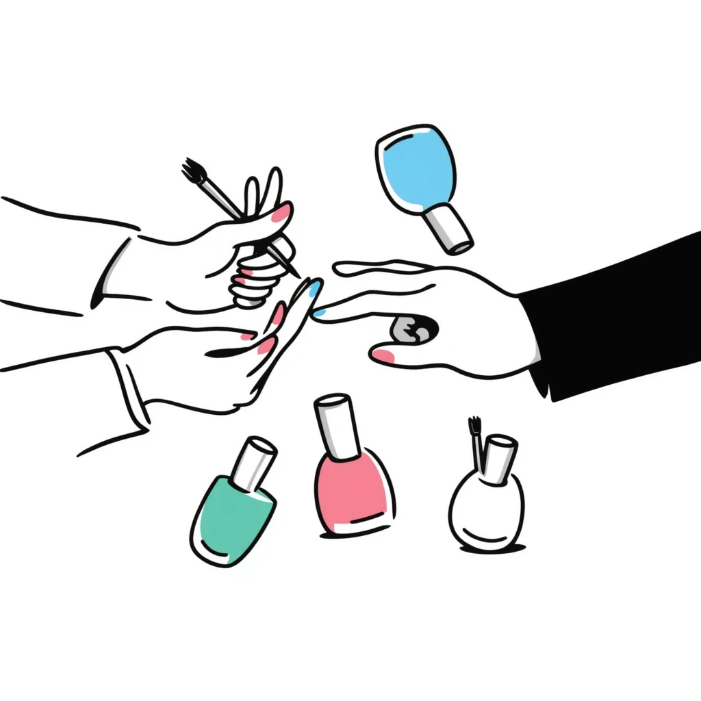 manicure scene with hands, painted nails, and nail polish bottles in pastel colors dd9fb0, ffc6d3, a3bfc9, c4bee2, f1b091, hand-drawn doodle style emoji