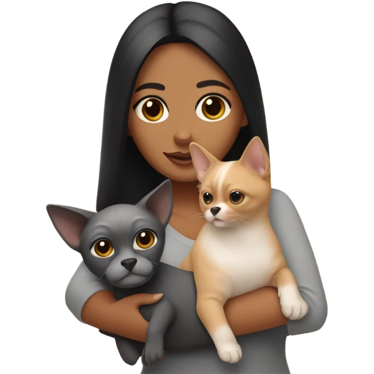 Latino woman with black staight hair and brown eyes is holding a grey sphynx cat and a ginger pomeranian dog emoji