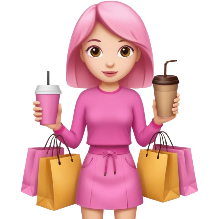 Girl with pink outfit and in hands shopping bags and coffee drink  emoji