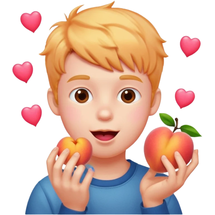 Cute boy eating a peach, pink hearts floating  emoji