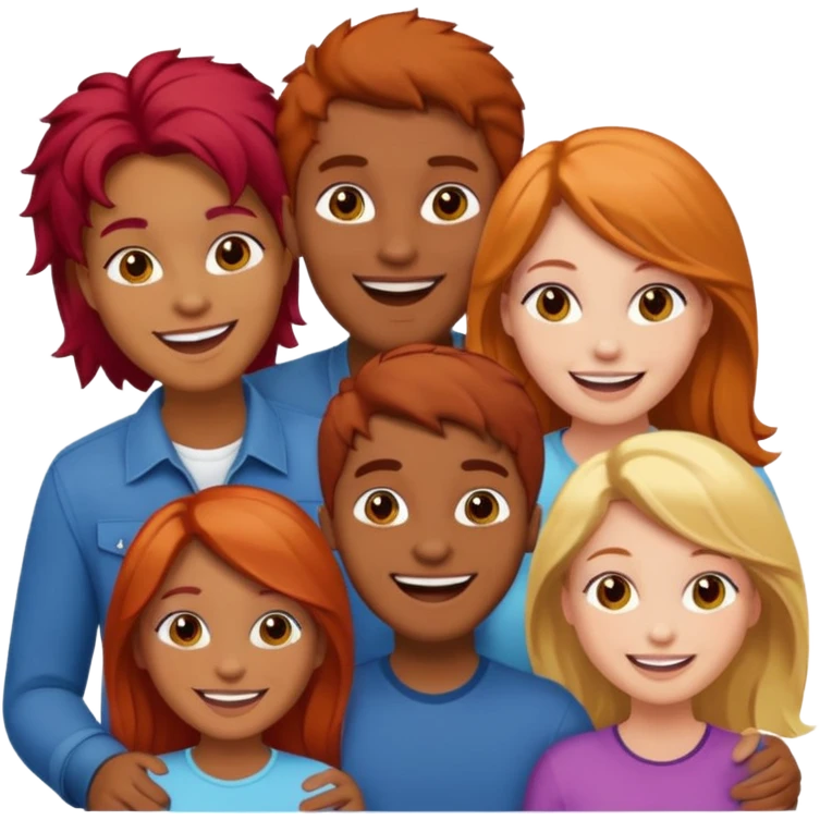 4 inclusive friends (3 girls and 1 man) laughing : 1 man must be brown, 1 girl have to have red hair, an other one must have blond hair and the last one is brown and have brown hair emoji
