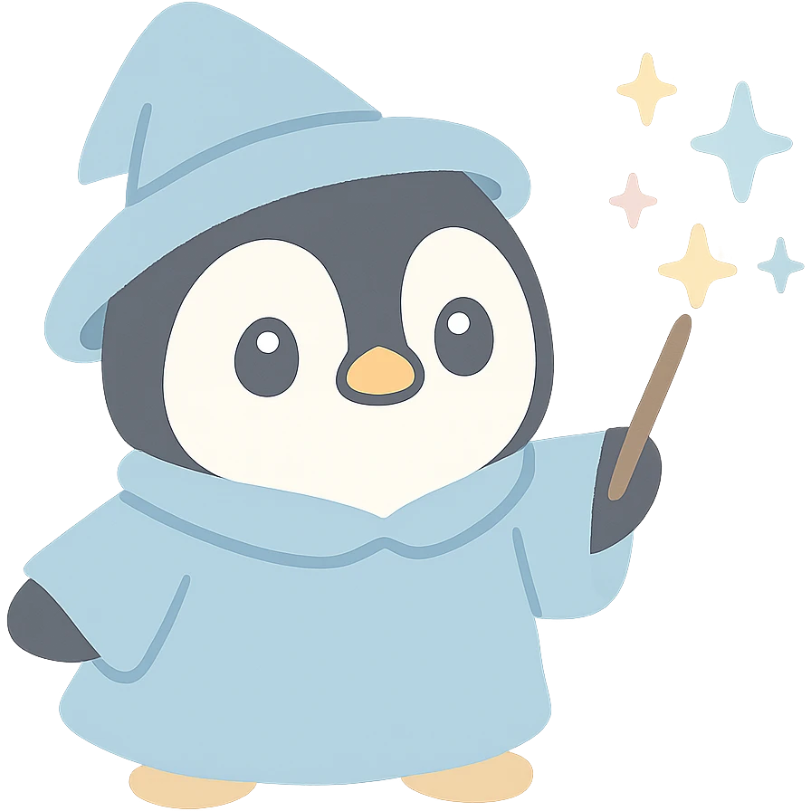 penguin wizard casting a spell, sparkles, blue robe, whimsical emoji