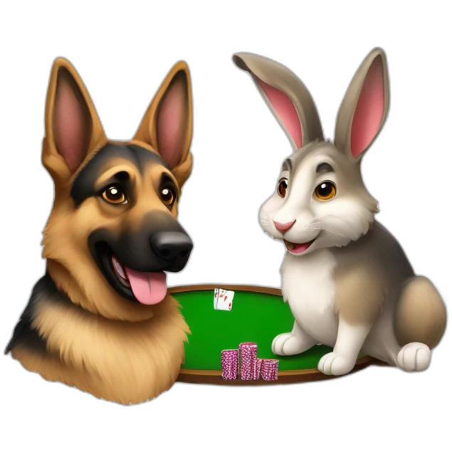 A German shepherd and a rabbit playing poker emoji