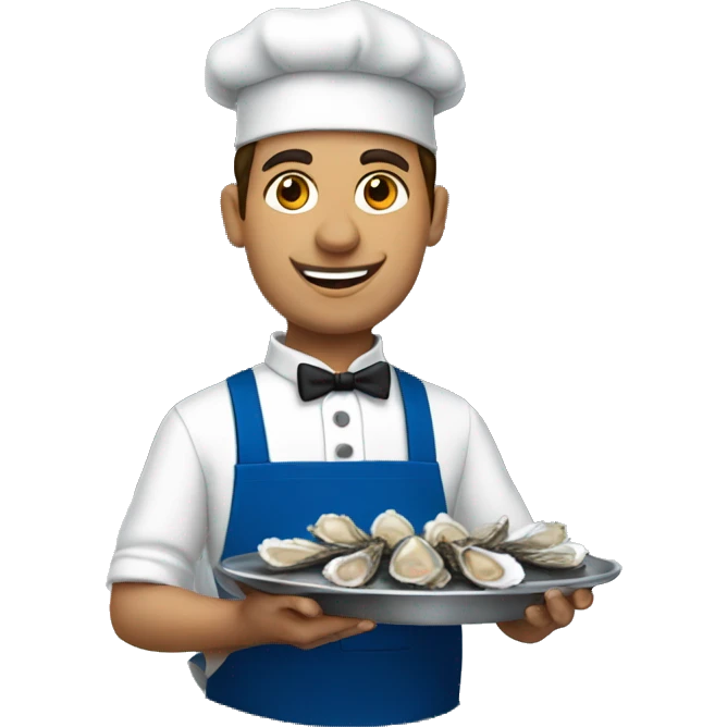 waiter in a blue apron holding oysters emoji