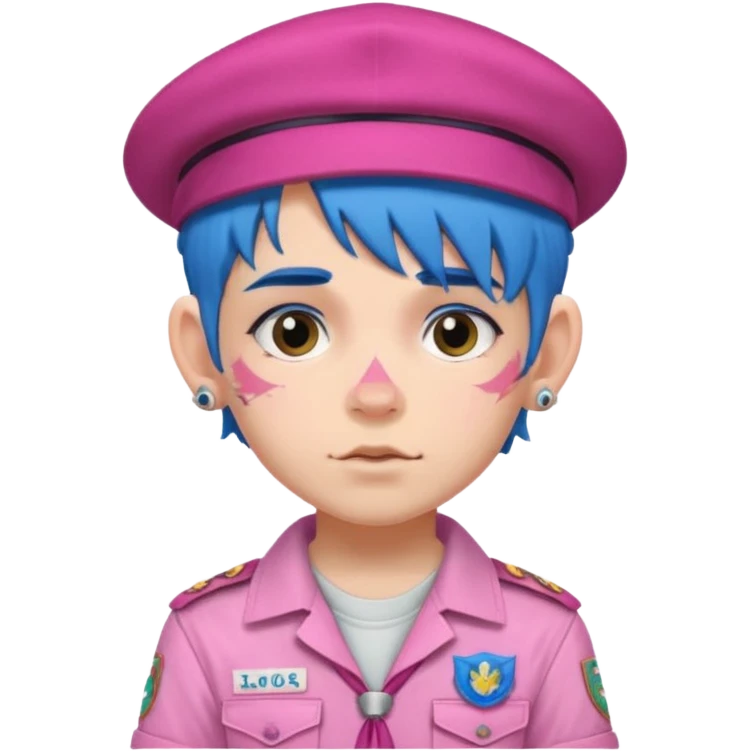 scout boy with very pink scout uniform, blue haired and hat, heavy face attoed emoji