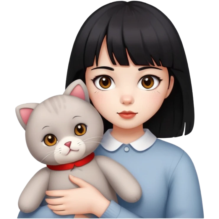  A girl with black eyes, red cheeks, black hair with straight bangs, and white face is holding a British gray cat and a brown teddy bear  emoji