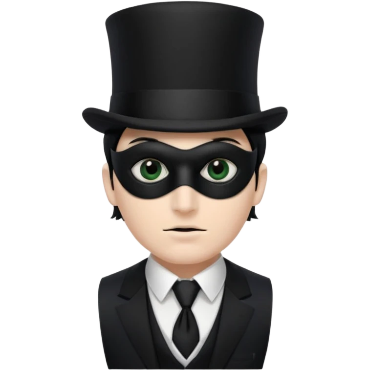 A man with white skin, a black half mask with an eye hole, a black top hat, a black vest with a black tie tucked underneath, and a white collared shirt emoji