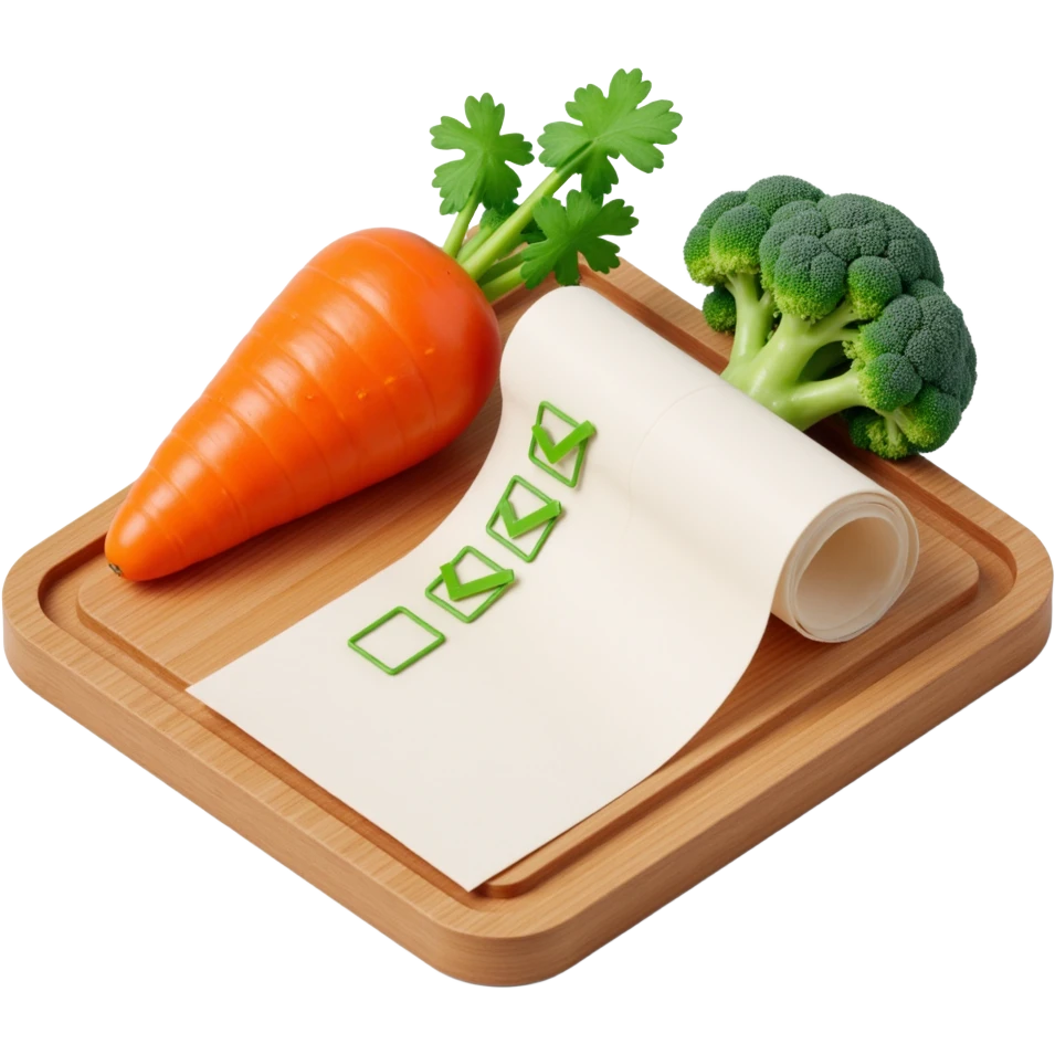 carrot tomato brocoli on the wooden cutting board with floating rolled paper list with green checkboxes emoji