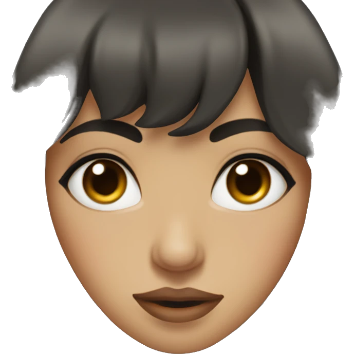 woman with long black curly hair and bangs and dark brown eyes, rolling her eyes emoji
