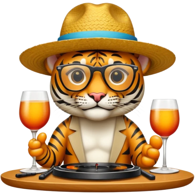 Un tigre con sombrero estilo cubano, una mesa de dj y gafas de sol emoji