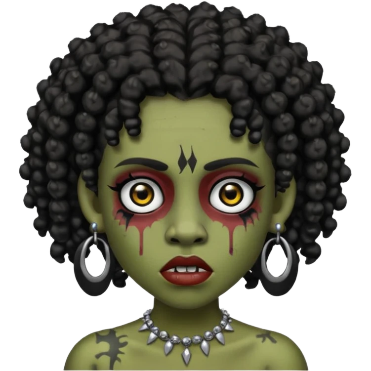 Zumbi with black and curly hair, studded earrings on both ears, black eye emoji