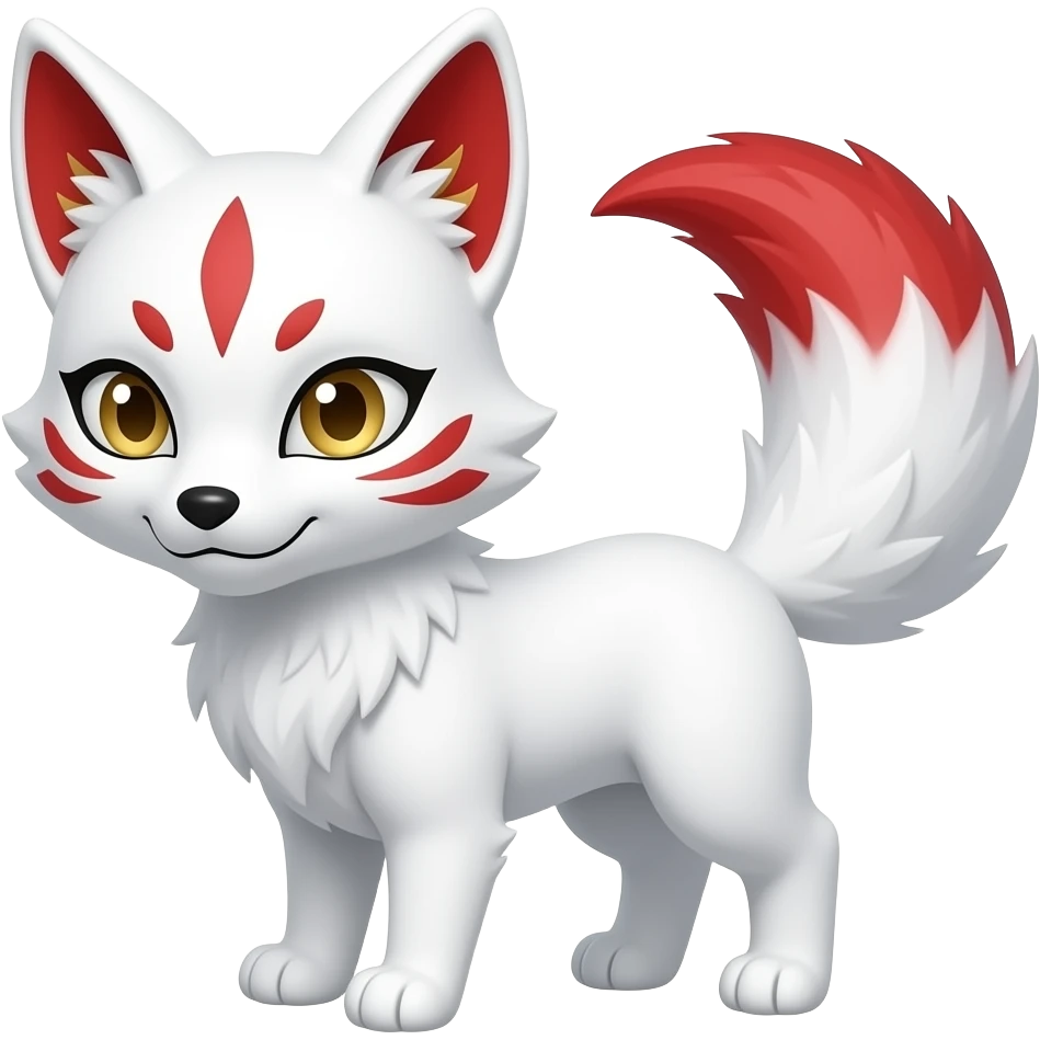 A pure white one-tailed kitsune (fox form,) with red accents, (one marking on each cheek, two markings each over its eyes and a single one on its forehead,) red on the insides of its ears, with gold markings inside of its ears,) and pale golden eyes. Pure white paws and a red tail tip. emoji