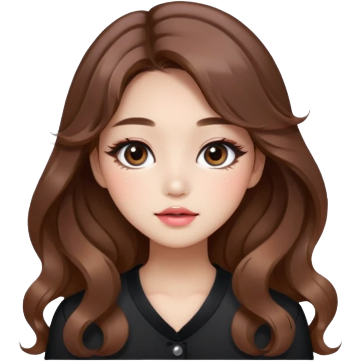 “korean brown hair Emoji girl, soft eyeliner and blush, gradient lips, light brown shimmer eyeshadow, sparkly aegyo-sal, long wavy hair,  emoji