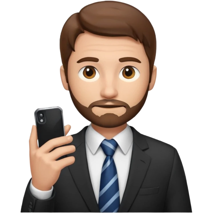 Escribano hombre con un poco de barba,  de traje con tez clara pelo color castaño, vestido con traje camisa y corbata y celular en mano .  emoji
