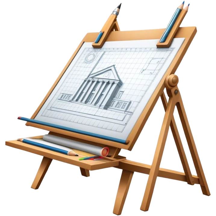 Sleek icon for Architecture: engineer's drawing board with 3D model of the building,  pencil, architect's easel, rulers and protractor. Transparent background. emoji