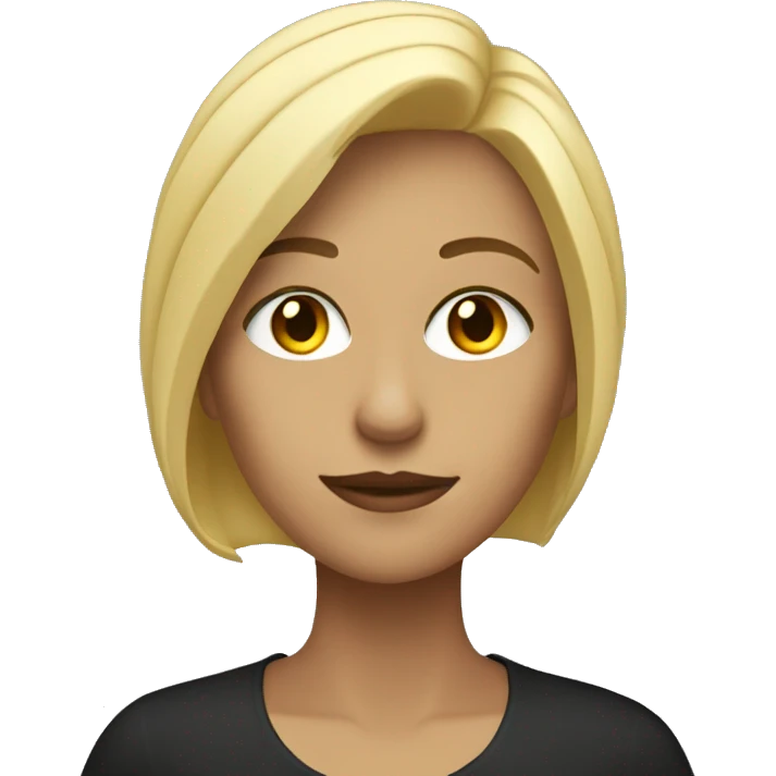 blonde woman with light eyes designing on a black computer emoji