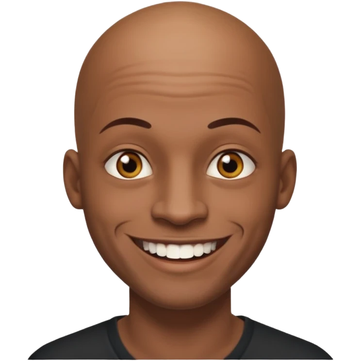This is a cartoon-style avatar of a bald man with dark skin, golden-brown eyes, and facial tattoos, smiling with a friendly expression. emoji