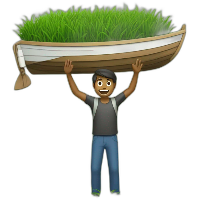 Guy carrying a boat over his head standing on grass emoji