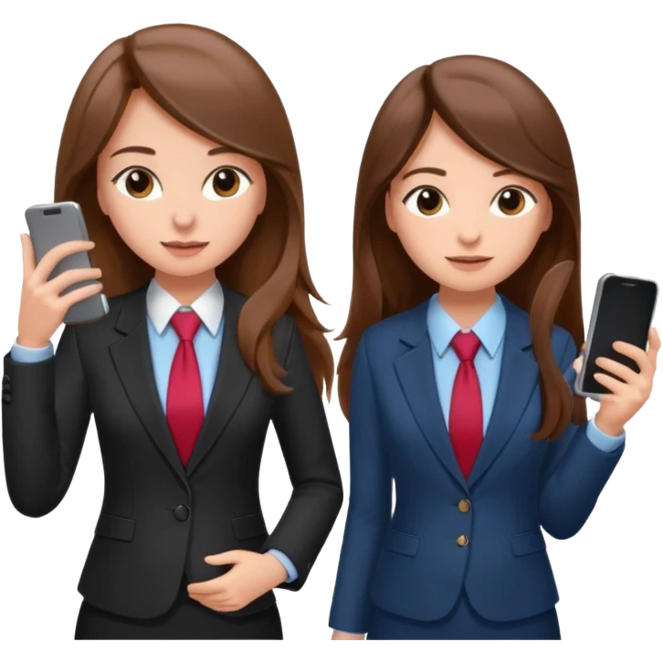 two brown haired girls, looking professional maybe leaned back on back and looking forward and using phones, with longer hair and with some cute clothes emoji