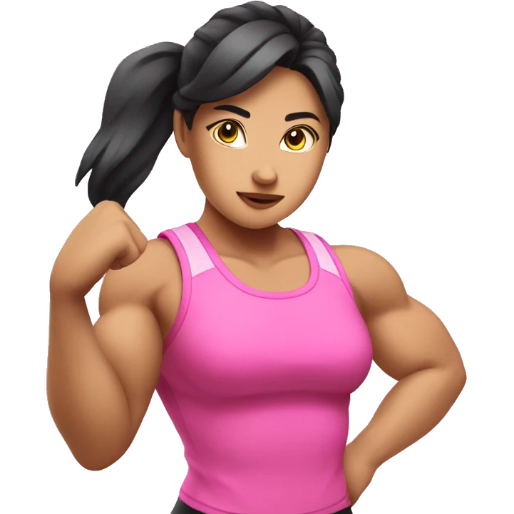 Athletic Asian girl show biceps wearing pink emoji