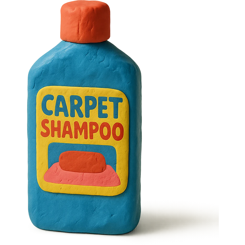bottle of carpet shampoo with bright label and visible fingerprints, claymation style emoji