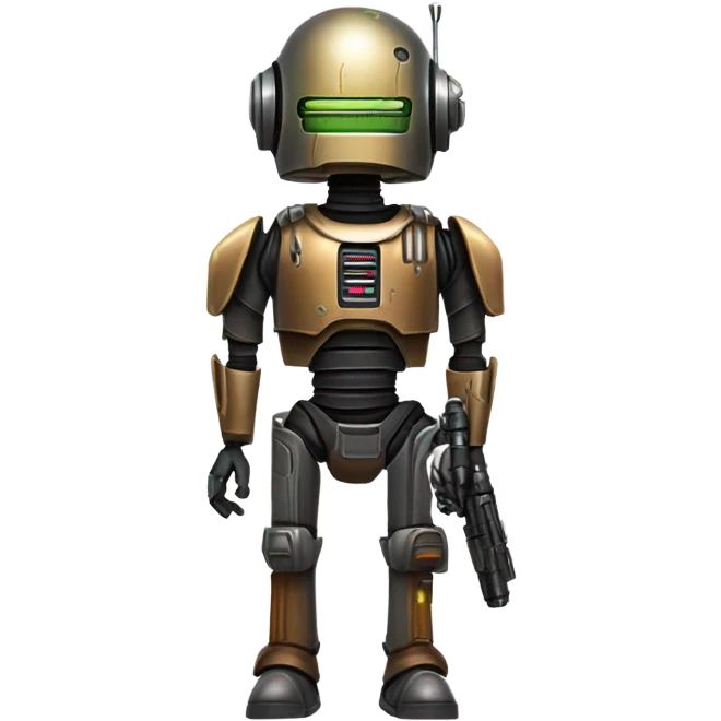 smiling bounty hunter protocol droid wearing backpack, saddlebags and light saber ready to fight emoji