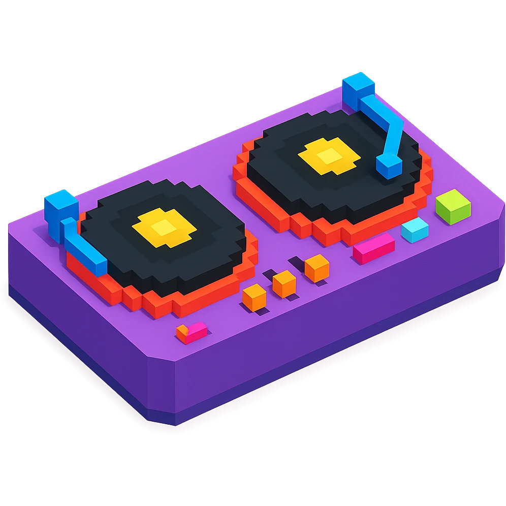 DJ turntables with glowing buttons and a retro vibe emoji