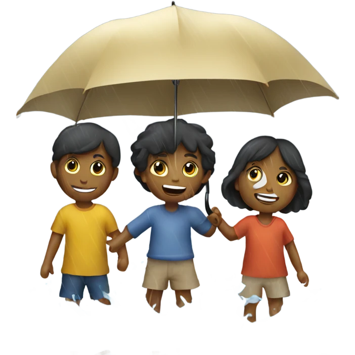 3 kids with a umbrella playing with a paper ship in the rain emoji