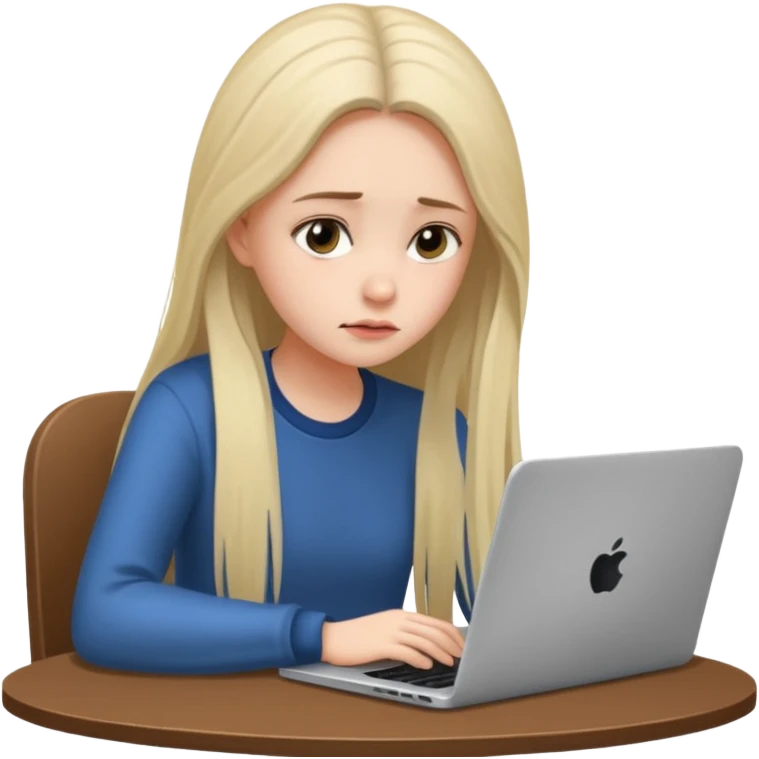 Девушка со светлыми длинными волосами грустная сидит за столом и усердно работает за ноутбуком emoji