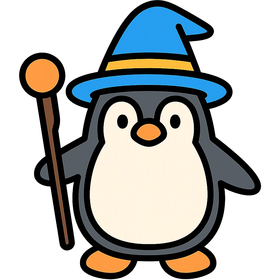penguin wizard with a staff and wizard hat, color outline icon emoji