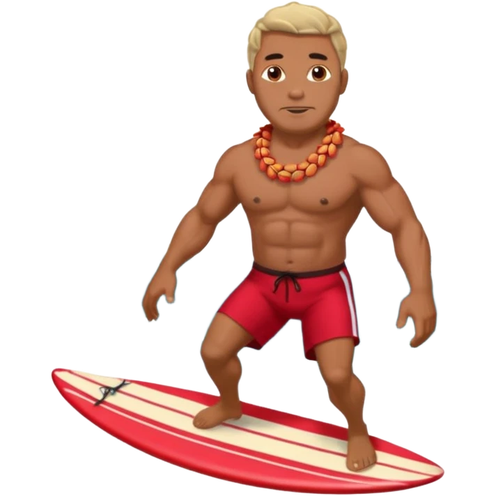 Dark muscular 45 year old man with red shorts and shell lei surfing emoji