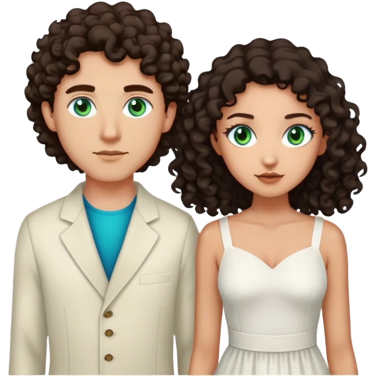 One tall man with light skin, green blue eyes, dark hair and one girl with tan skin and curly dark hair and brown eyes wearing a white midi dress  emoji