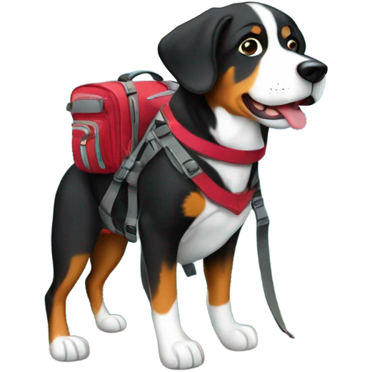 A greater Swiss mountain dog hiking up a cliff with her own doggy backpack emoji