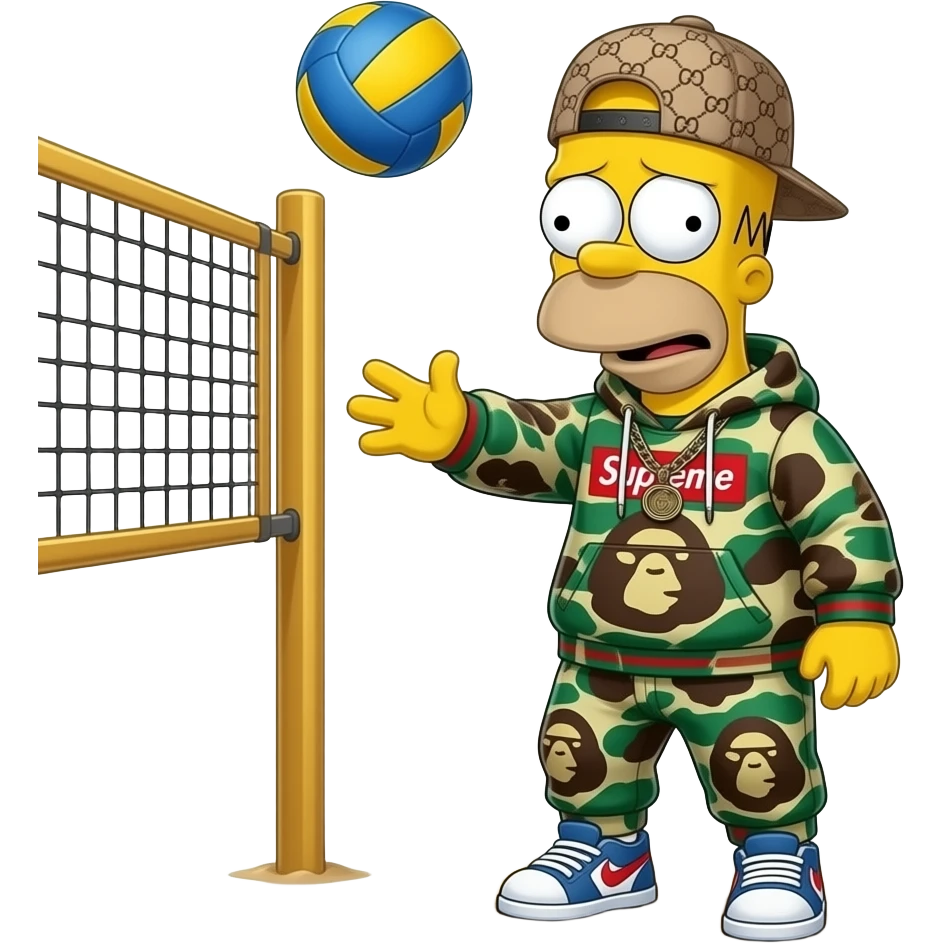 very sad bart simpson with hypebeast clothe like supreme bape playing beach volley gucci off white emoji