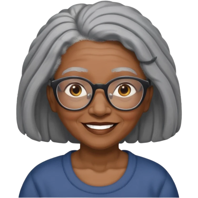 emoji of a black grandma with long hair that reaches past shoulder black and gray hair with glasses and brown eyebrows emoji