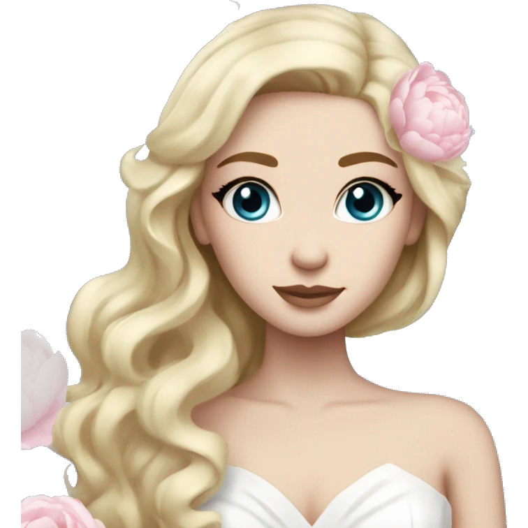 White bride with long light blonde hair and blue eyes with light pink peonies in hair white skin  emoji