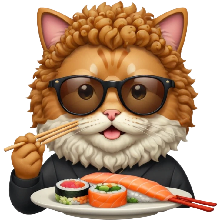 HAPPY CAT WITH CURLY HAIR AND A BIG BEARD wearing sunglasses and eating sushi emoji