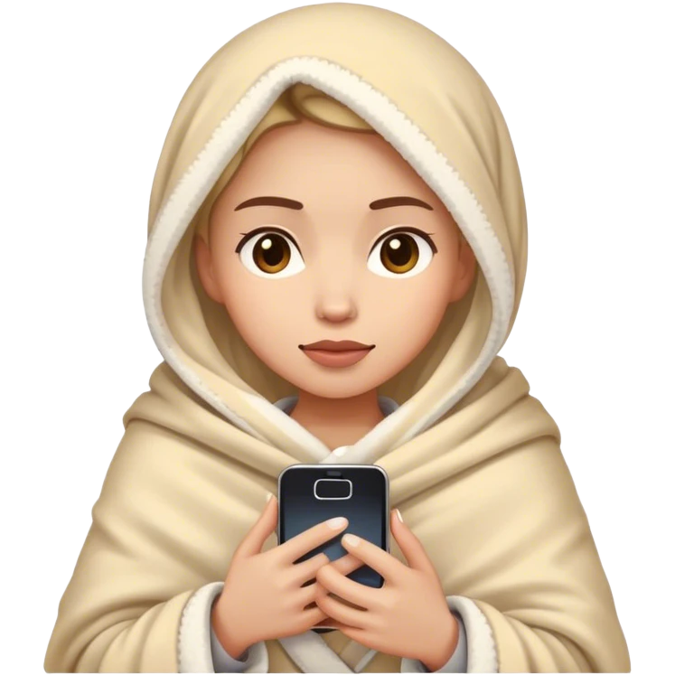 Hyper-realistic woman wrapped in a soft, cozy blanket, holding a smartphone, expressive face, warm lighting, high-quality emoji style emoji