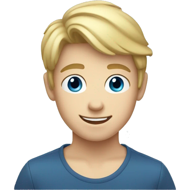 Blonde teen boy with medium short hair, blue eyes, waving hi to the camera emoji