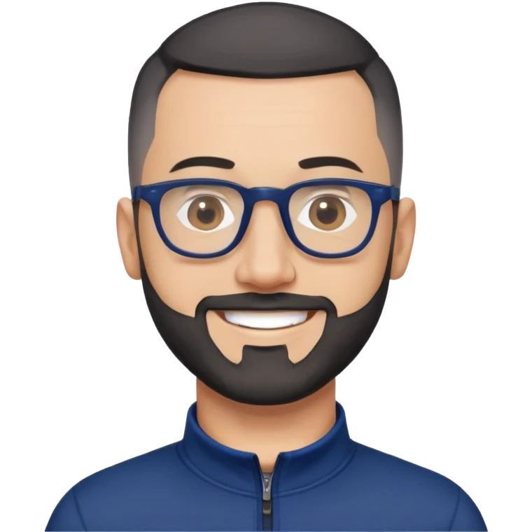 Smiling 40-year-old man with light skin, buzzcut-style very short black hair, gray beard, black glasses, wearing a navy blue athletic zip-neck long sleeve shirt emoji