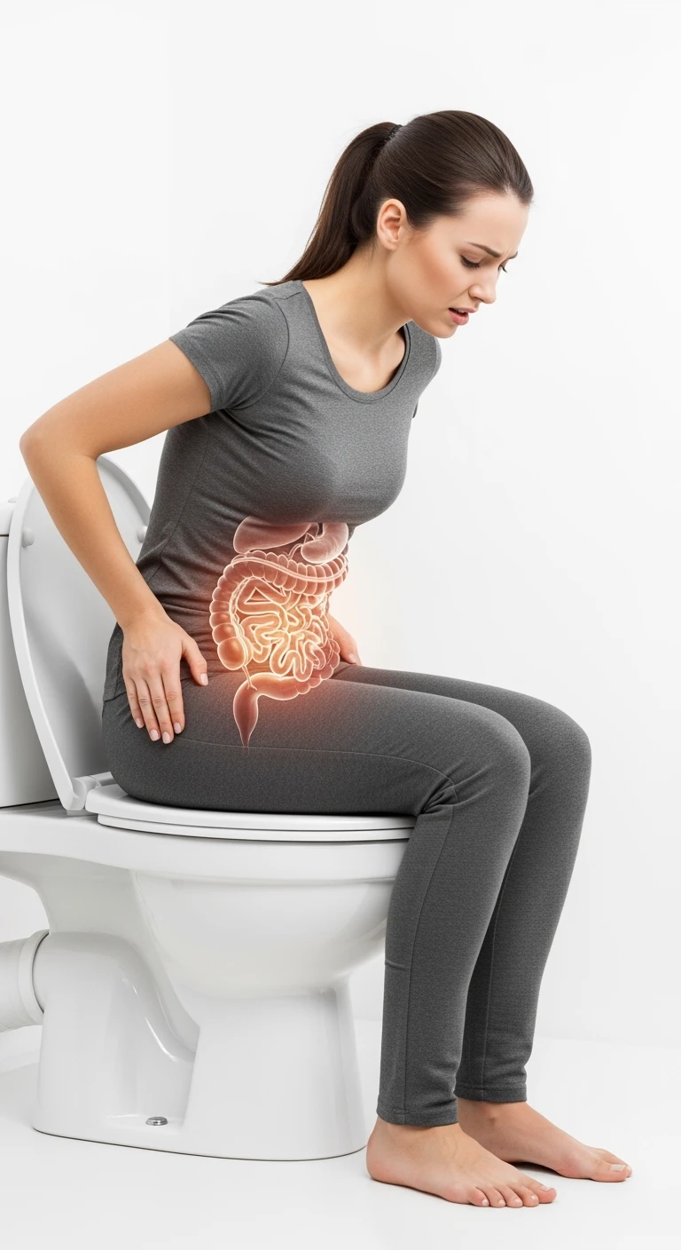 donna che si sforza seduta sul wc con intestino umano anatomico in evidenza, iperrealistica 4k, sfondo bianco emoji
