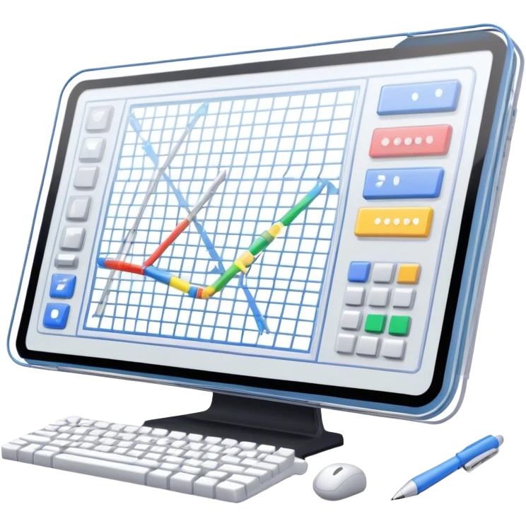 Professional icon for Game Design: a computer screen with a game interface, 3D models, pixel art, wireframe, and design tools like a grid and stylus. The icon should represent the technical and creative aspects of game development. Transparent background. emoji